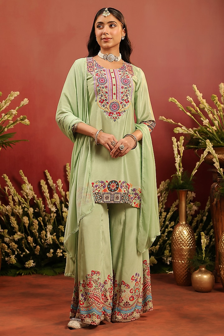 Pista Green Crepe Silk Thread Embroidered Sharara Set by Scakhi Luxe at Pernia's Pop Up Shop