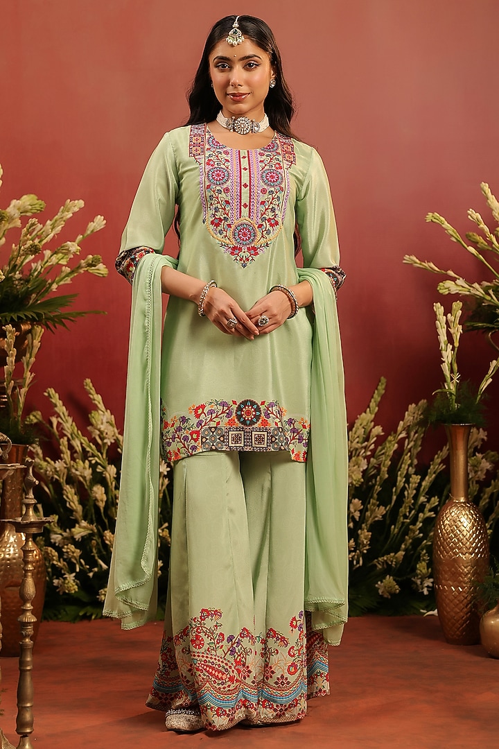 Pista Green Crepe Silk Thread Embroidered Sharara Set by Scakhi Luxe at Pernia's Pop Up Shop