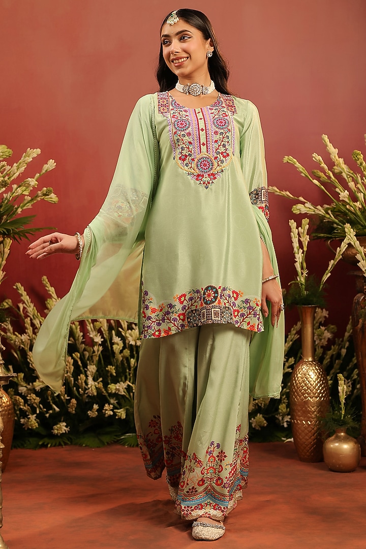 Pista Green Crepe Silk Thread Embroidered Sharara Set by Scakhi Luxe at Pernia's Pop Up Shop