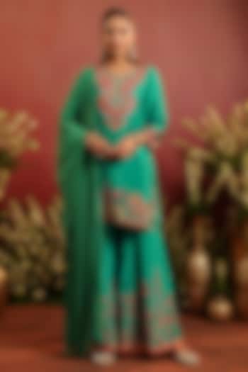 Green Crepe Silk Thread Embroidered Sharara Set by Scakhi Luxe at Pernia's Pop Up Shop