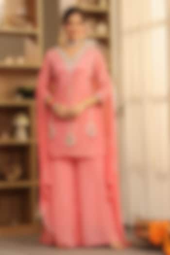 Rose Pink Chinon Silk Zari Embroidered Sharara Set by Scakhi Luxe at Pernia's Pop Up Shop