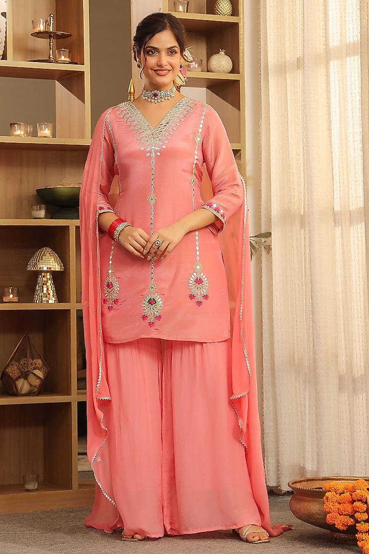 Rose Pink Chinon Silk Zari Embroidered Sharara Set by Scakhi Luxe at Pernia's Pop Up Shop