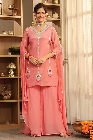 Rose Pink Chinon Silk Zari Embroidered Sharara Set by Scakhi Luxe