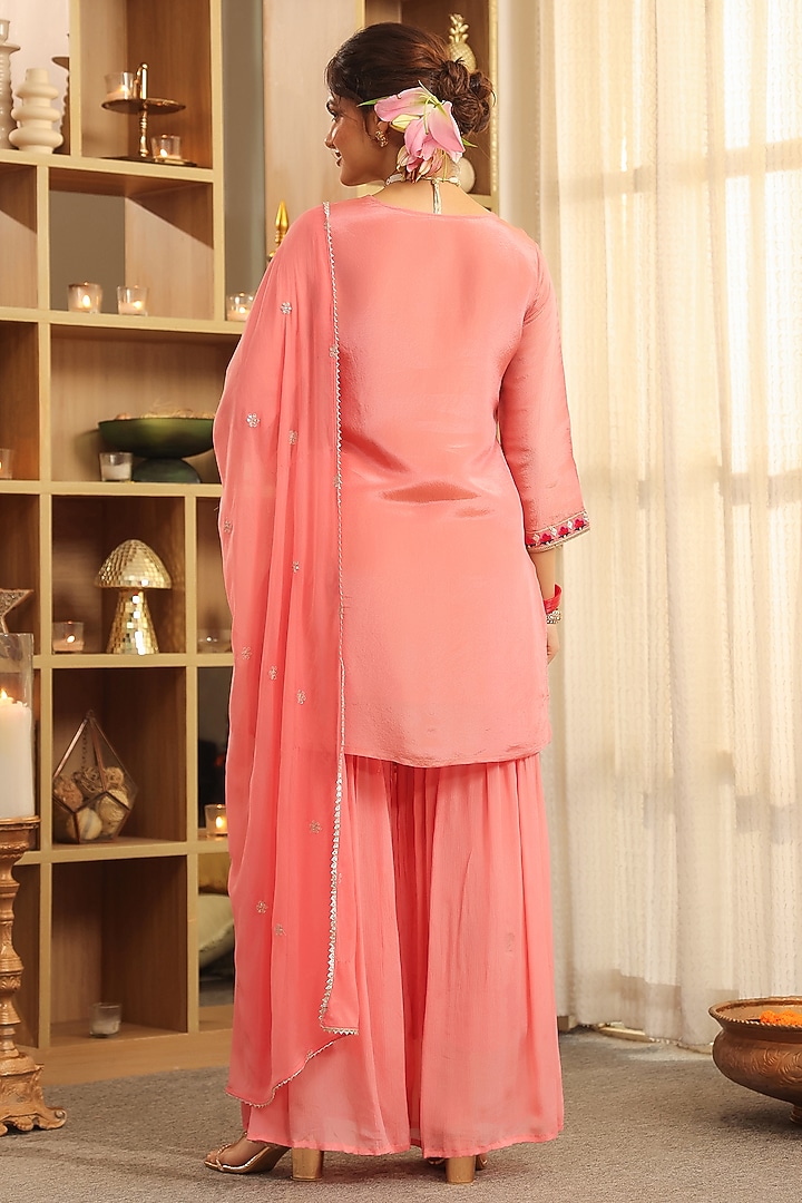 Rose Pink Chinon Silk Zari Embroidered Sharara Set by Scakhi Luxe at Pernia's Pop Up Shop