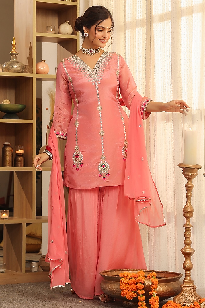 Rose Pink Chinon Silk Zari Embroidered Sharara Set by Scakhi Luxe at Pernia's Pop Up Shop