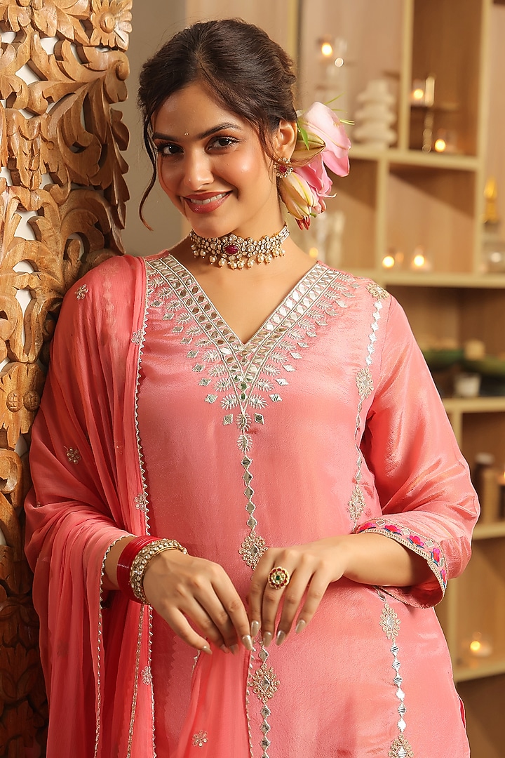 Rose Pink Chinon Silk Zari Embroidered Sharara Set by Scakhi Luxe at Pernia's Pop Up Shop