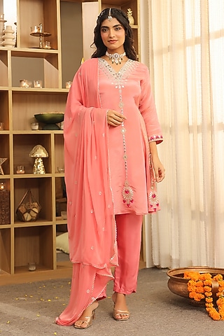 Rose Pink Shimmer Tissue Zari Embroidered Short Anarkali Set by Scakhi Luxe