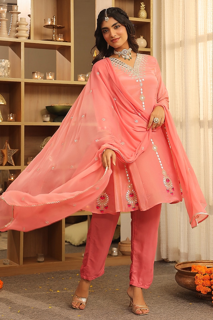 Rose Pink Shimmer Tissue Zari Embroidered Short Anarkali Set by Scakhi Luxe at Pernia's Pop Up Shop