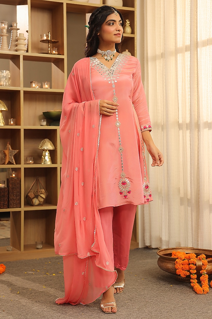 Rose Pink Shimmer Tissue Zari Embroidered Short Anarkali Set by Scakhi Luxe at Pernia's Pop Up Shop