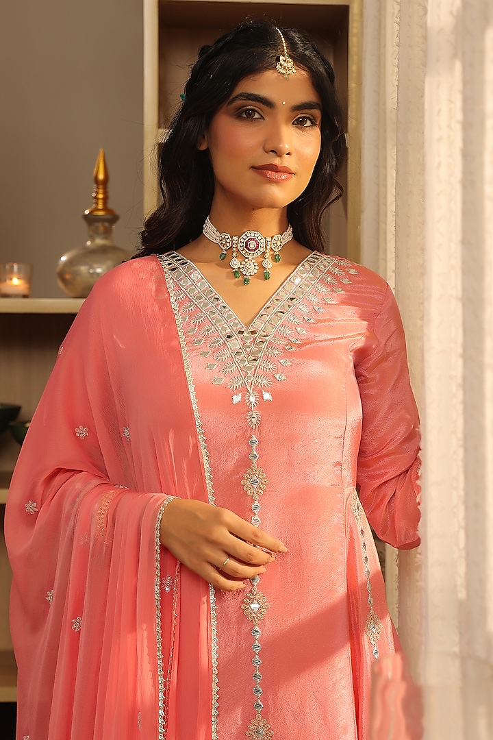 Rose Pink Shimmer Tissue Zari Embroidered Short Anarkali Set by Scakhi Luxe at Pernia's Pop Up Shop