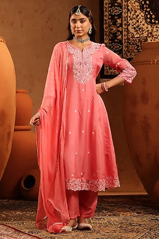 Mauve Russian Silk Thread Embroidered Anarkali Set by Scakhi Luxe
