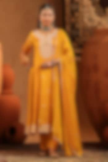 Mustard Russian Silk Thread Embroidered Anarkali Set by Scakhi Luxe at Pernia's Pop Up Shop