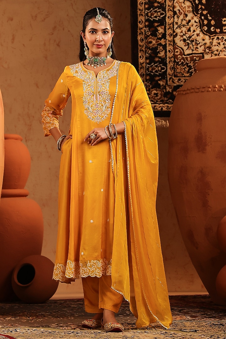 Mustard Russian Silk Thread Embroidered Anarkali Set by Scakhi Luxe at Pernia's Pop Up Shop