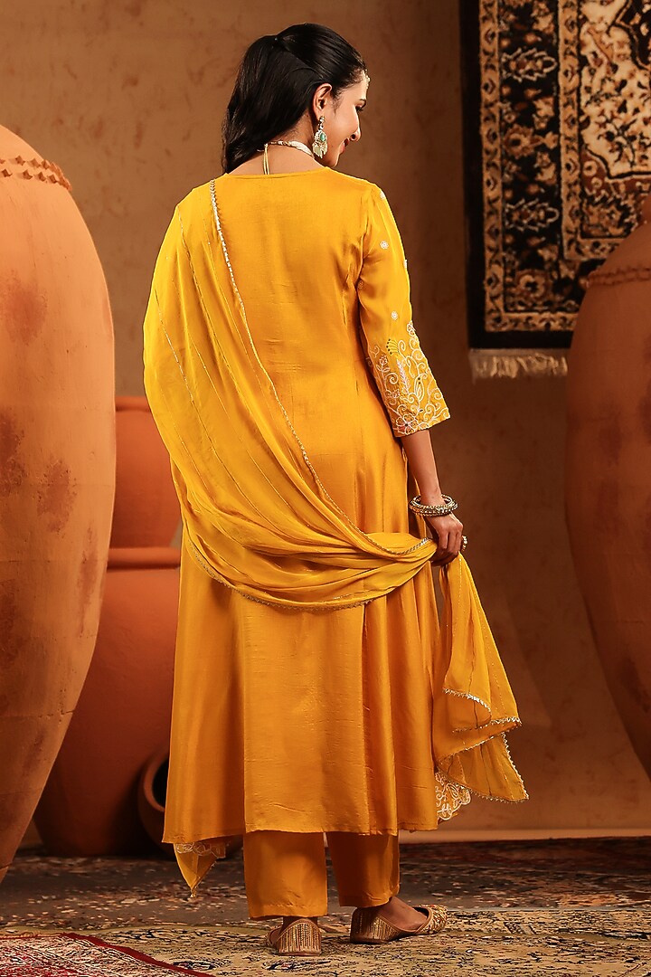 Mustard Russian Silk Thread Embroidered Anarkali Set by Scakhi Luxe at Pernia's Pop Up Shop