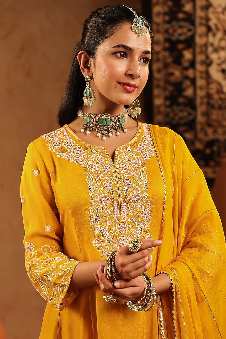 Mustard Russian Silk Thread Embroidered Anarkali Set by Scakhi Luxe at Pernia's Pop Up Shop