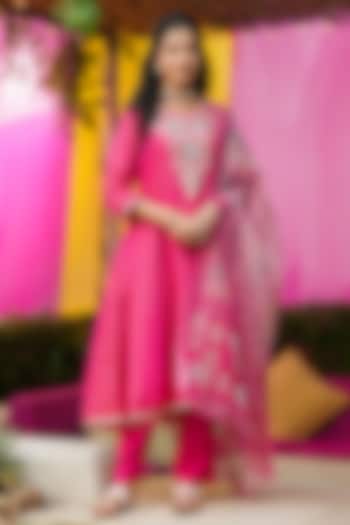 Hot Pink Shimmer Tissue Thread Embroidered Anarkali Set by Scakhi Luxe at Pernia's Pop Up Shop