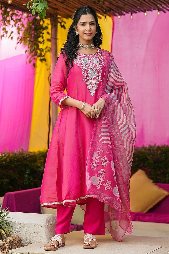 Hot Pink Shimmer Tissue Thread Embroidered Anarkali Set by Scakhi Luxe at Pernia's Pop Up Shop