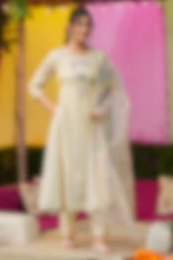 Ivory Shimmer Tissue Thread Embroidered Anarkali Set by Scakhi Luxe at Pernia's Pop Up Shop