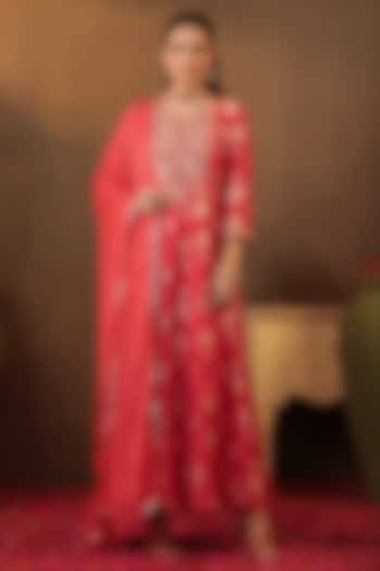 Coral Chanderi Silk Embroidered Anarkali Set by Scakhi Luxe at Pernia's Pop Up Shop