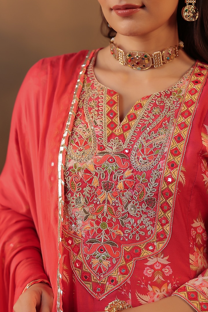 Coral Chanderi Silk Embroidered Anarkali Set by Scakhi Luxe at Pernia's Pop Up Shop