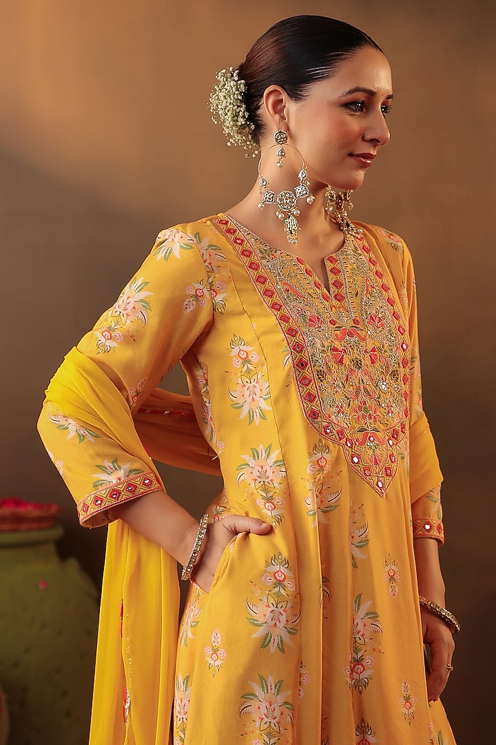 Mustard Chanderi Silk Embroidered Anarkali Set by Scakhi Luxe at Pernia's Pop Up Shop