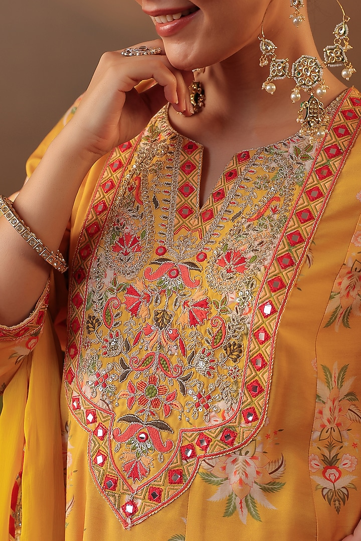 Mustard Chanderi Silk Embroidered Anarkali Set by Scakhi Luxe at Pernia's Pop Up Shop