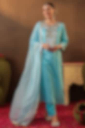 Aqua Chanderi Silk Gota Embroidered Kurta Set by Scakhi Luxe at Pernia's Pop Up Shop