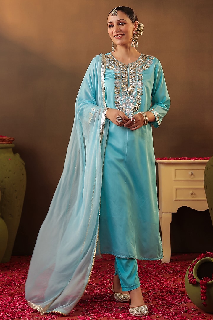 Aqua Chanderi Silk Gota Embroidered Kurta Set by Scakhi Luxe at Pernia's Pop Up Shop
