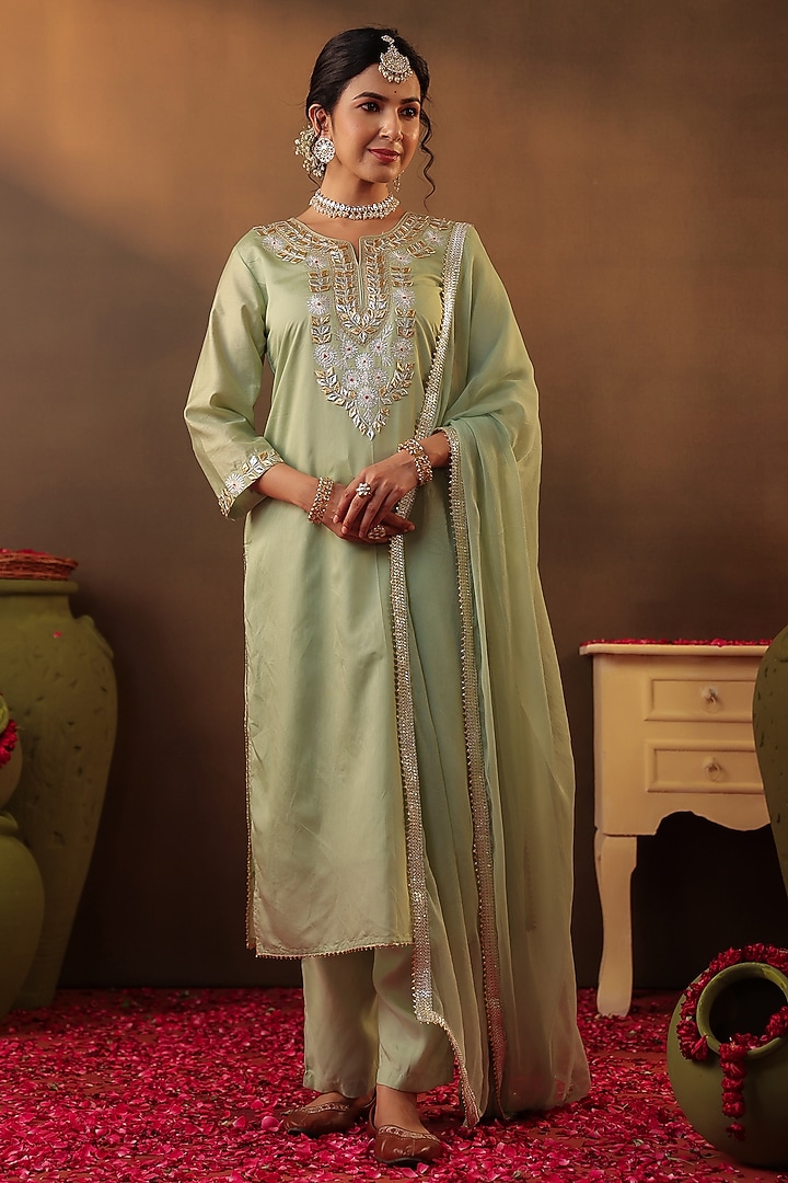 Pista Green Chanderi Silk Gota Embroidered Kurta Set by Scakhi Luxe at Pernia's Pop Up Shop