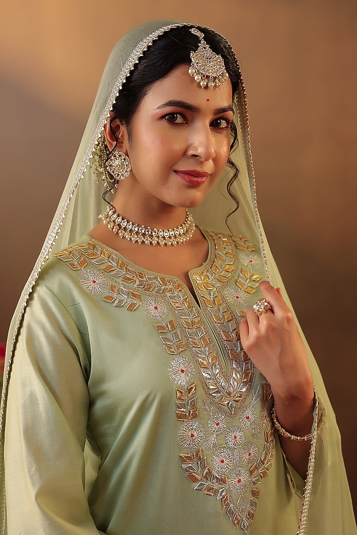 Pista Green Chanderi Silk Gota Embroidered Kurta Set by Scakhi Luxe at Pernia's Pop Up Shop