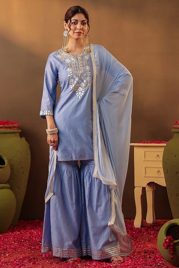 Powder Blue Chanderi Silk Gota Embroidered Sharara Set by Scakhi Luxe at Pernia's Pop Up Shop