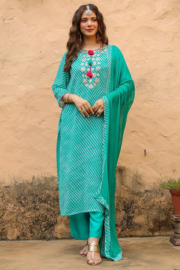 Teal Georgette Mirror Embroidered & Leheriya Printed Straight Kurta Set by Scakhi Luxe at Pernia's Pop Up Shop