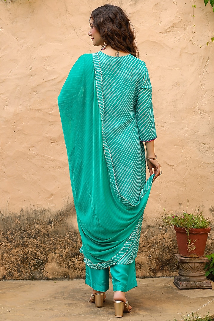 Teal Georgette Mirror Embroidered & Leheriya Printed Straight Kurta Set by Scakhi Luxe at Pernia's Pop Up Shop