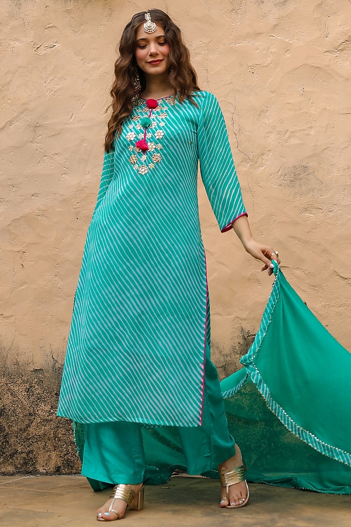 Teal Georgette Mirror Embroidered & Leheriya Printed Straight Kurta Set by Scakhi Luxe at Pernia's Pop Up Shop