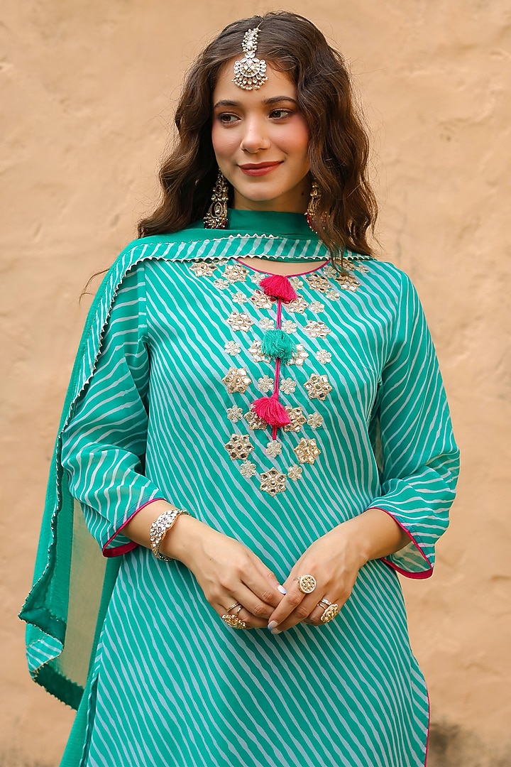 Teal Georgette Mirror Embroidered & Leheriya Printed Straight Kurta Set by Scakhi Luxe at Pernia's Pop Up Shop