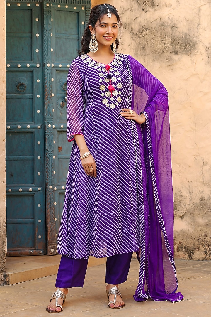 Purple Georgette Leheriya Printed & Embroidered Anarkali Set by Scakhi Luxe at Pernia's Pop Up Shop