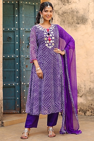 Purple Georgette Leheriya Printed & Embroidered Anarkali Set by scakhi luxe