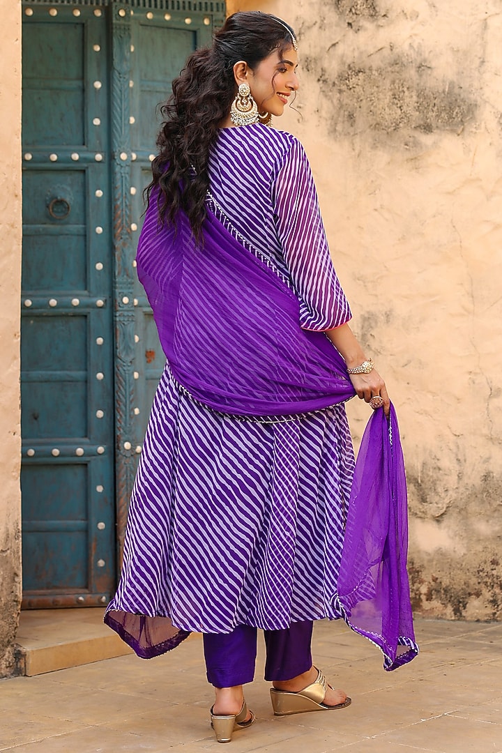 Purple Georgette Leheriya Printed & Embroidered Anarkali Set by Scakhi Luxe at Pernia's Pop Up Shop