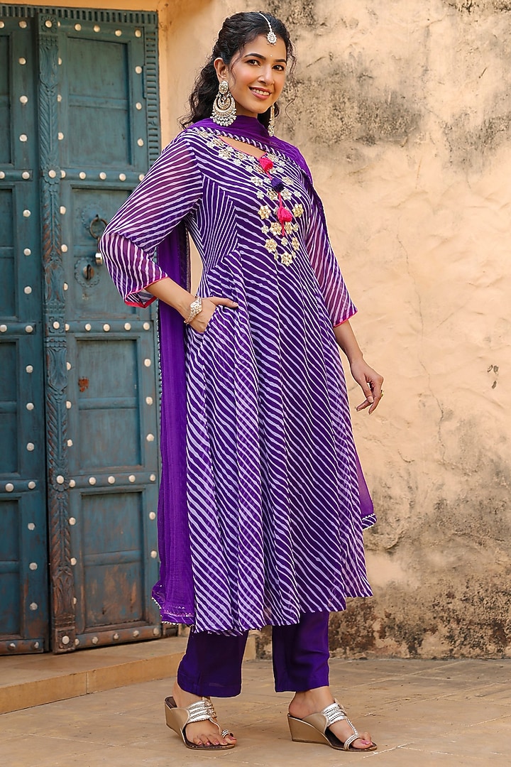 Purple Georgette Leheriya Printed & Embroidered Anarkali Set by Scakhi Luxe at Pernia's Pop Up Shop