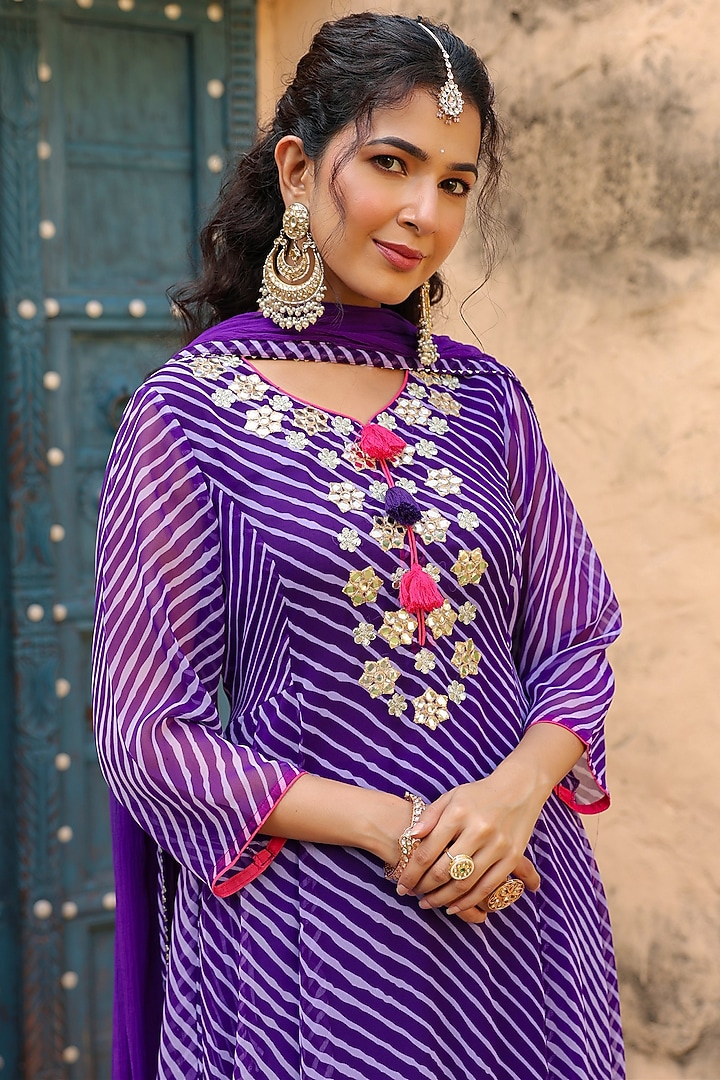 Purple Georgette Leheriya Printed & Embroidered Anarkali Set by Scakhi Luxe at Pernia's Pop Up Shop