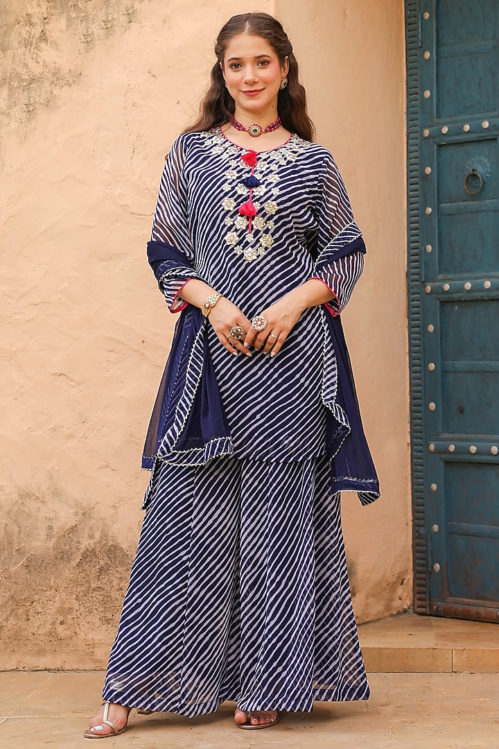 Indigo Georgette Leheriya Printed & Embroidered Kurta Set by Scakhi Luxe at Pernia's Pop Up Shop