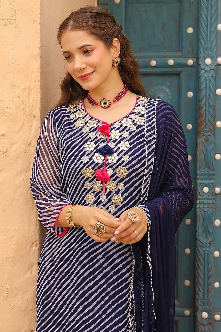Indigo Georgette Leheriya Printed & Embroidered Kurta Set by Scakhi Luxe at Pernia's Pop Up Shop