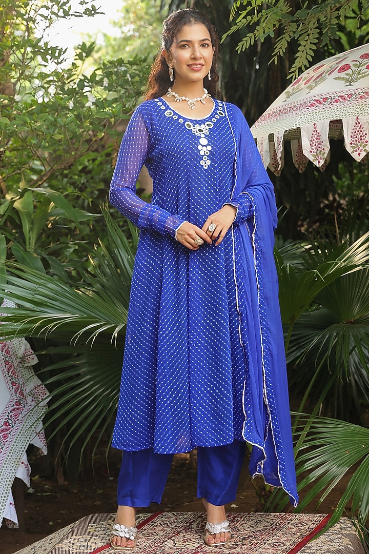 Royal Blue Georgette Mothra Printed Anarkali Set by Scakhi Luxe at Pernia's Pop Up Shop