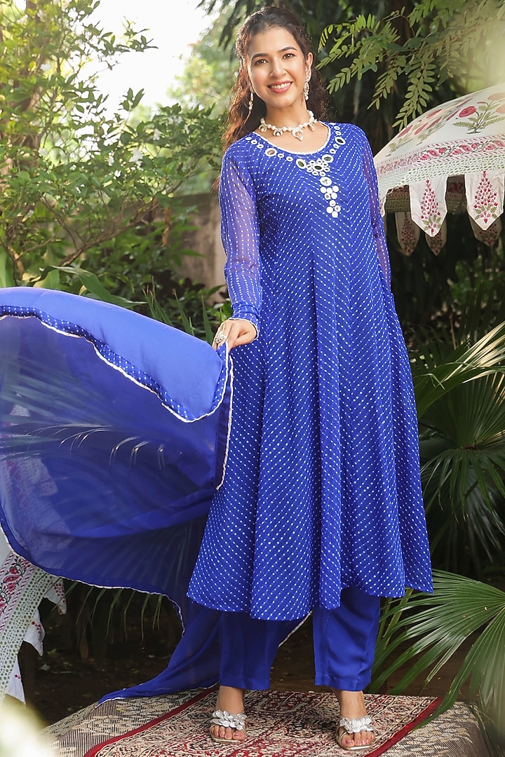 Royal Blue Georgette Mothra Printed Anarkali Set by Scakhi Luxe at Pernia's Pop Up Shop