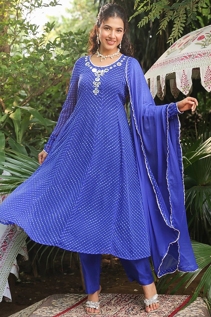 Royal Blue Georgette Mothra Printed Anarkali Set by Scakhi Luxe at Pernia's Pop Up Shop