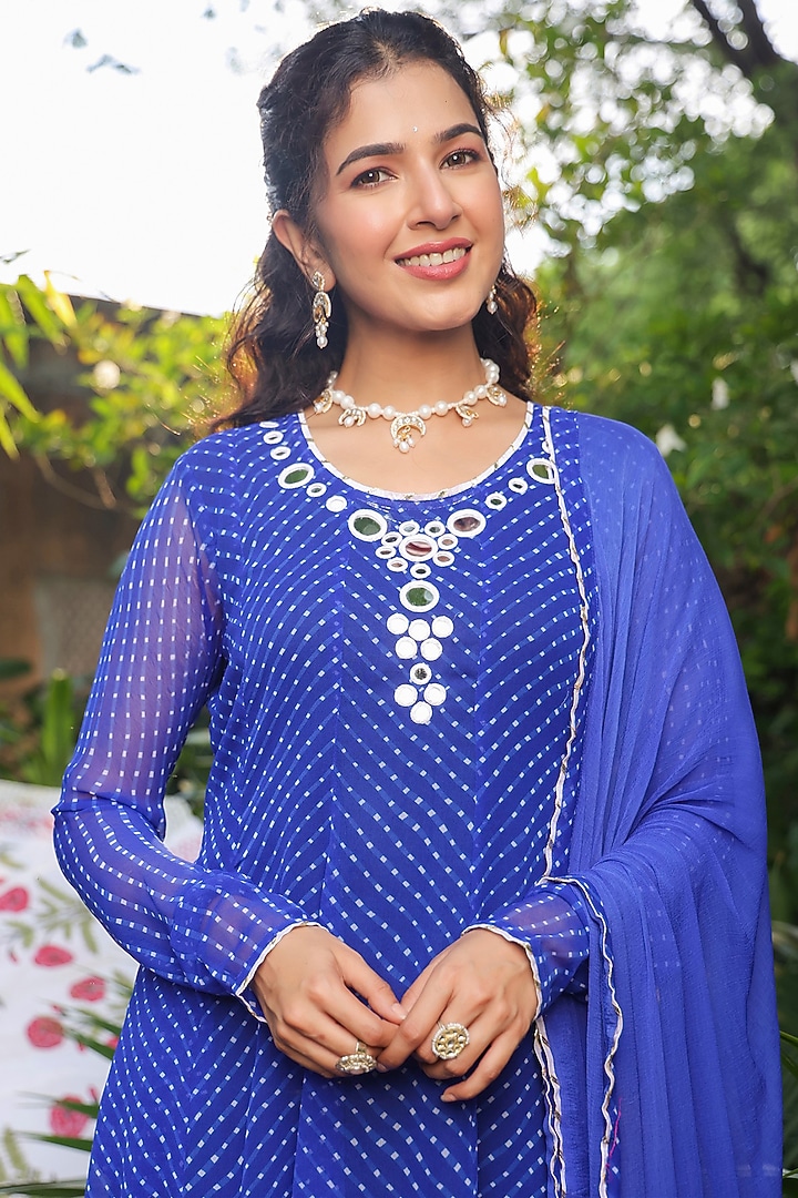 Royal Blue Georgette Mothra Printed Anarkali Set by Scakhi Luxe at Pernia's Pop Up Shop
