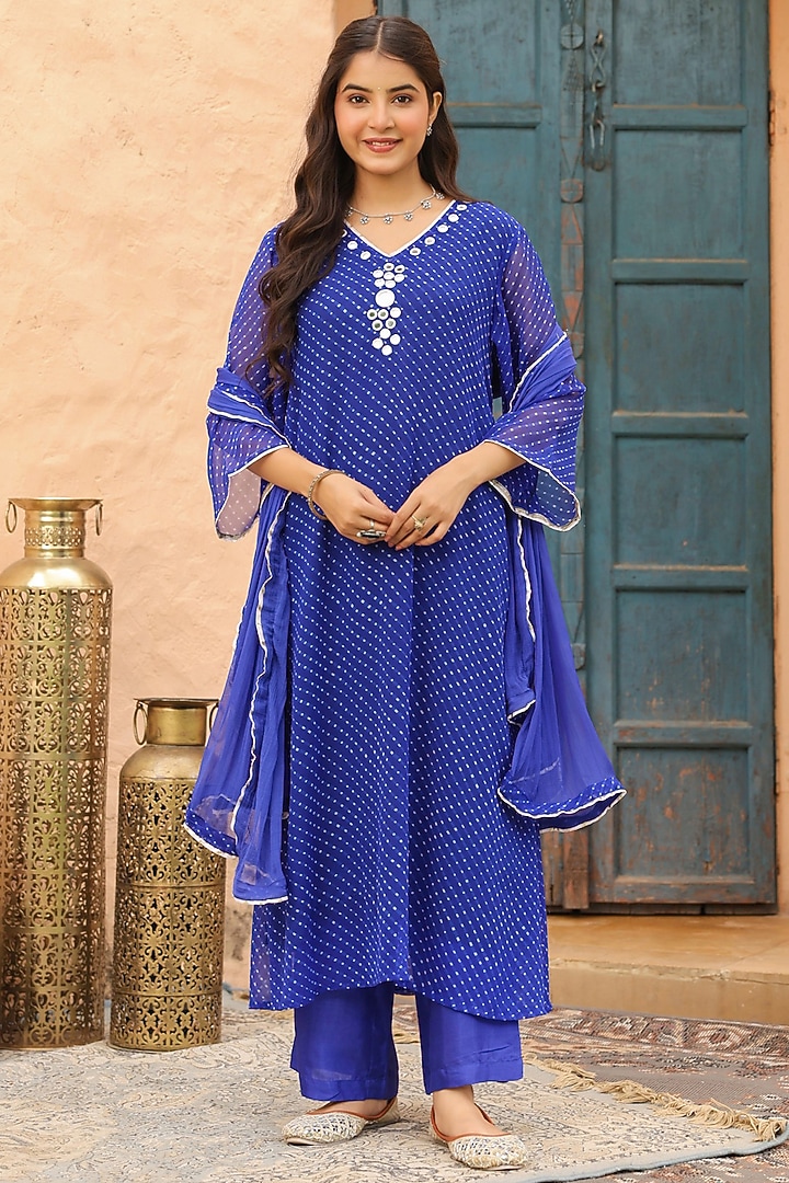 Royal Blue Georgette Mothra Printed A-Line Kurta Set by Scakhi Luxe at Pernia's Pop Up Shop