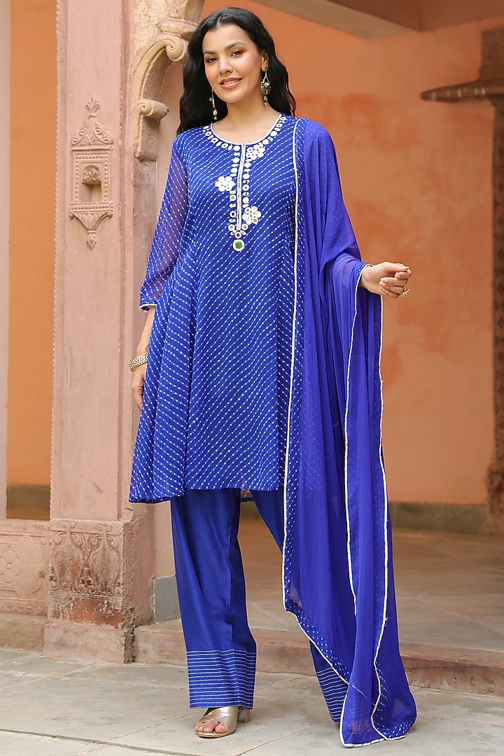Royal Blue Georgette Mohtra Printed Tiered Short Anarkali Set by Scakhi Luxe at Pernia's Pop Up Shop