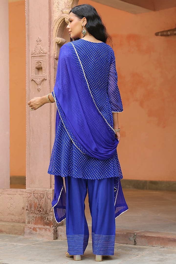 Royal Blue Georgette Mohtra Printed Tiered Short Anarkali Set by Scakhi Luxe at Pernia's Pop Up Shop