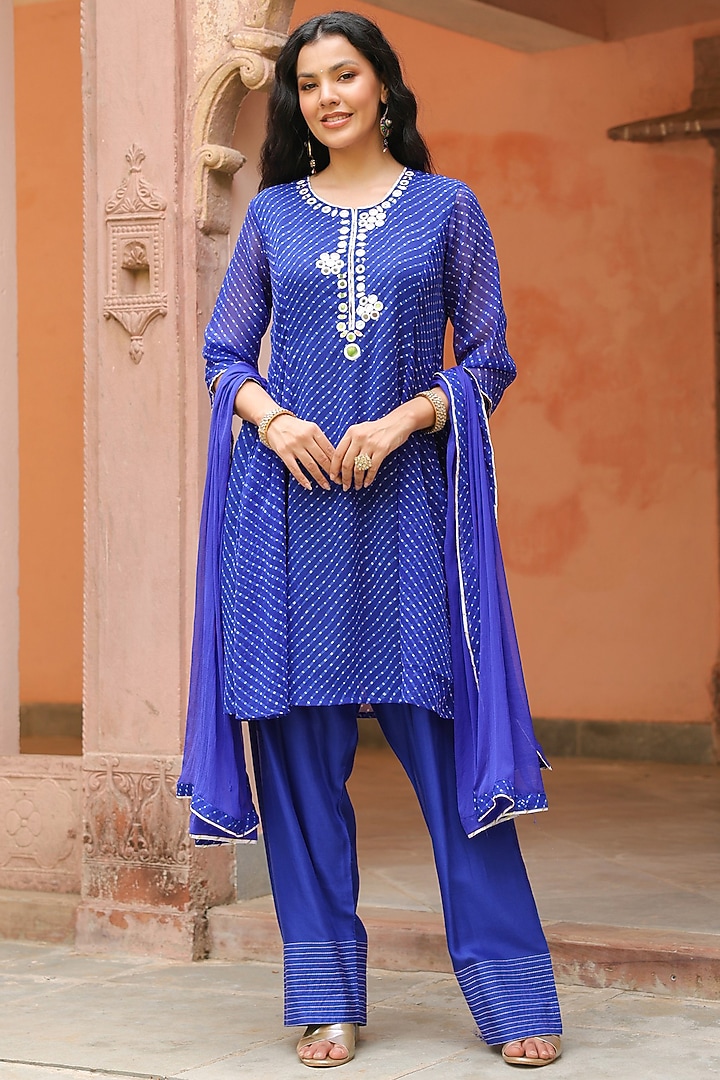 Royal Blue Georgette Mohtra Printed Tiered Short Anarkali Set by Scakhi Luxe at Pernia's Pop Up Shop
